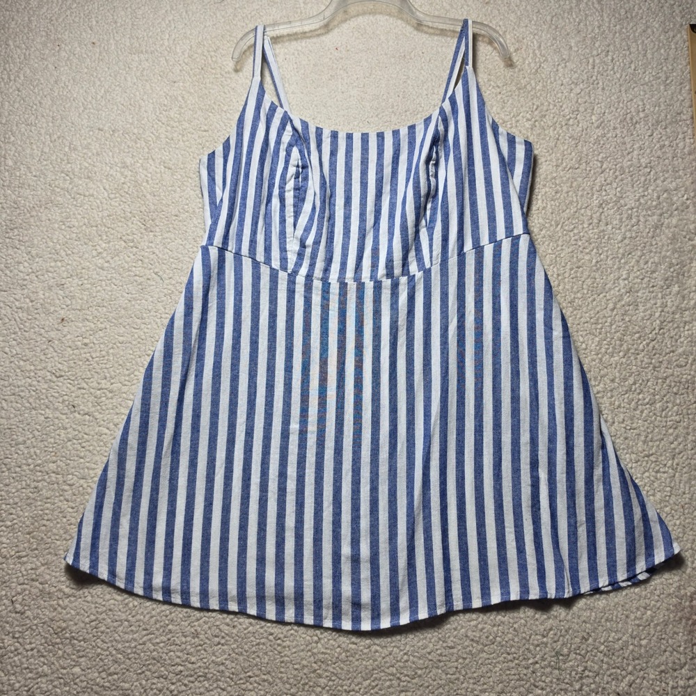 Old Navy Blue White Striped Linen Blend Smocked Cami Top Plus Size 2X Pockets